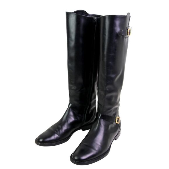 Cole Haan BLACK GENUINE LEATHER LOW HEEL ROUND TOE SIDE ZIP BELTED BOOTS Sz 7B - Picture 2 of 11